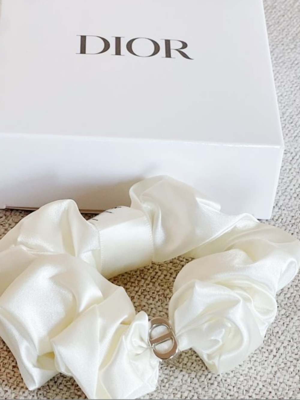 Dior White Satin Scrunchie with Gold CD Charm